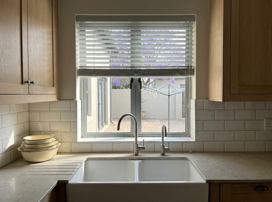 Pale aluminium venetian blind fitted inside the reveal above the double butler sink of a Cornwall Hill scullery, slats half tilted towards jacaranda blossom in the paved service courtyard