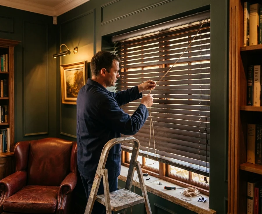 A fitter on a step ladder threading new cord through a timber venetian blind still hanging in its reveal, in the dark green panelled study of a Cornwall Hill home