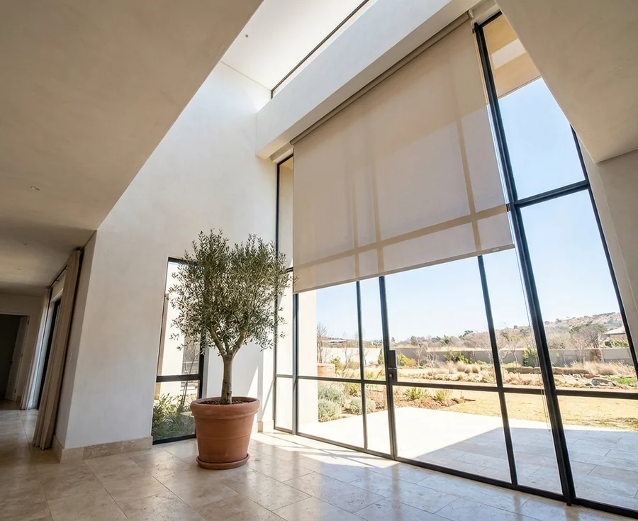 Concealed roller blind dropping from a plastered ceiling pocket down the double-volume glazed wall of a Cornwall Hill entrance hall, a potted olive tree beside it and open veld beyond the steel frames