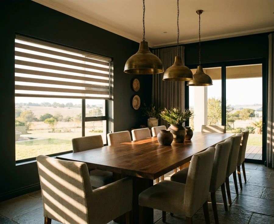 Day and night blind lowered over the window of a charcoal-walled Cornwall Hill dining room, its alternating sheer and solid bands laying stripes of late-afternoon light across the chairs beneath three brass pendants