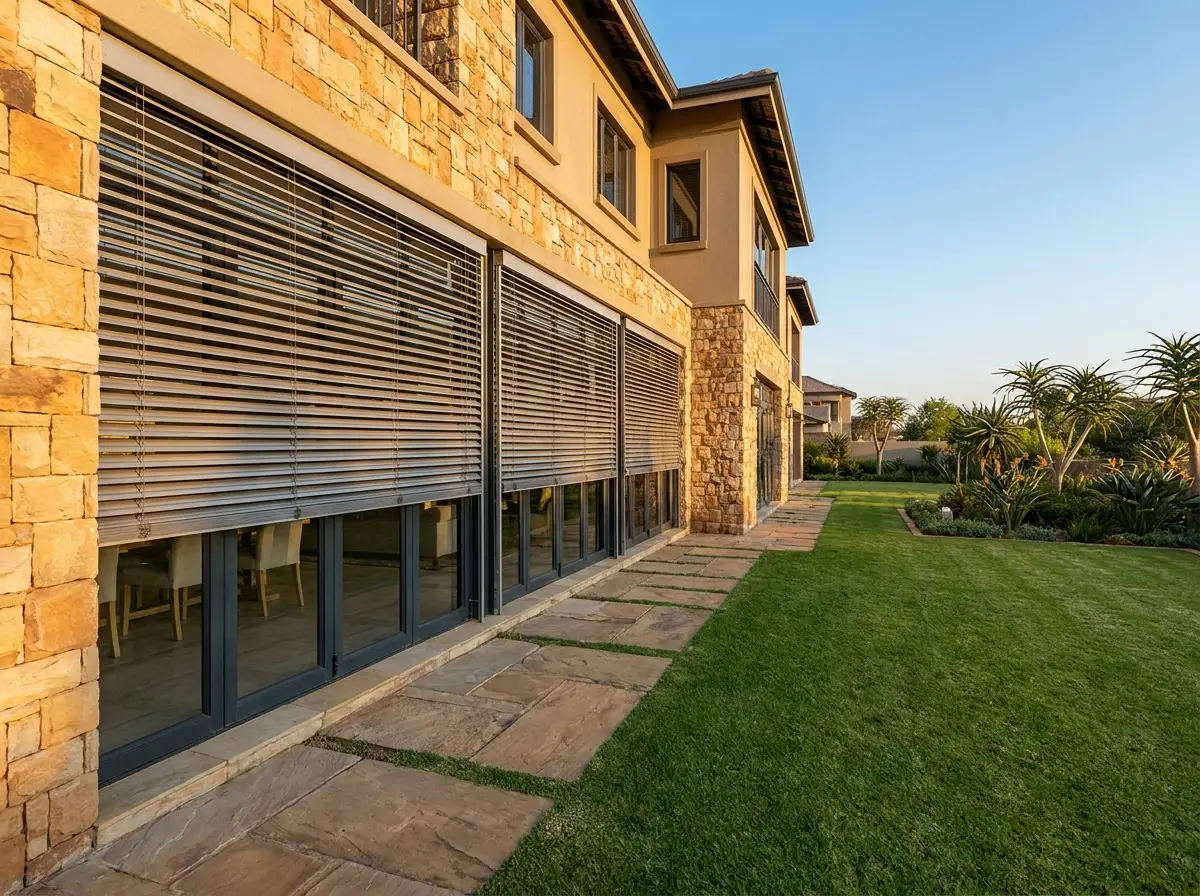 A run of external venetian blinds shading the dining-room glazing along a stone Cornwall Hill facade at sunset