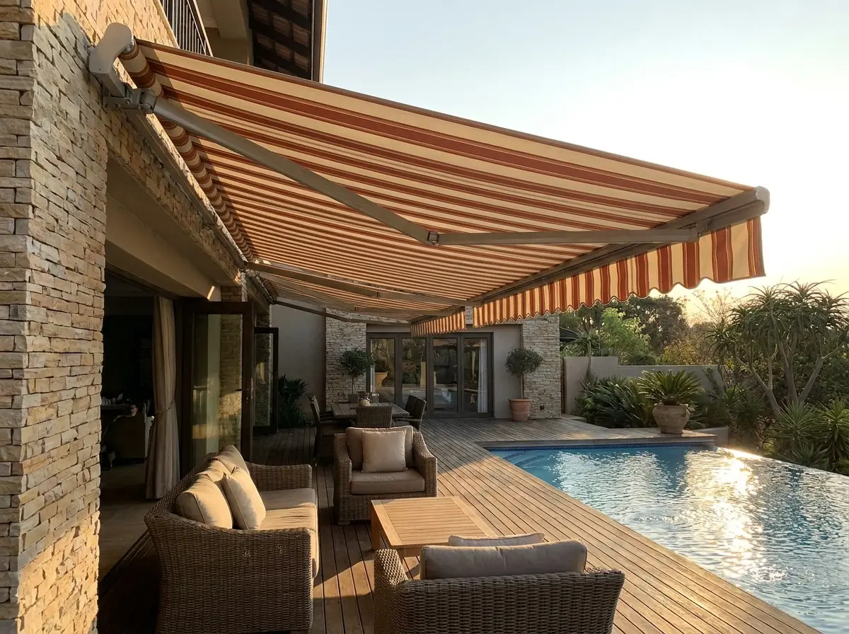 Striped folding-arm awning thrown out over the poolside timber deck of a Cornwall Hill home in late-afternoon light