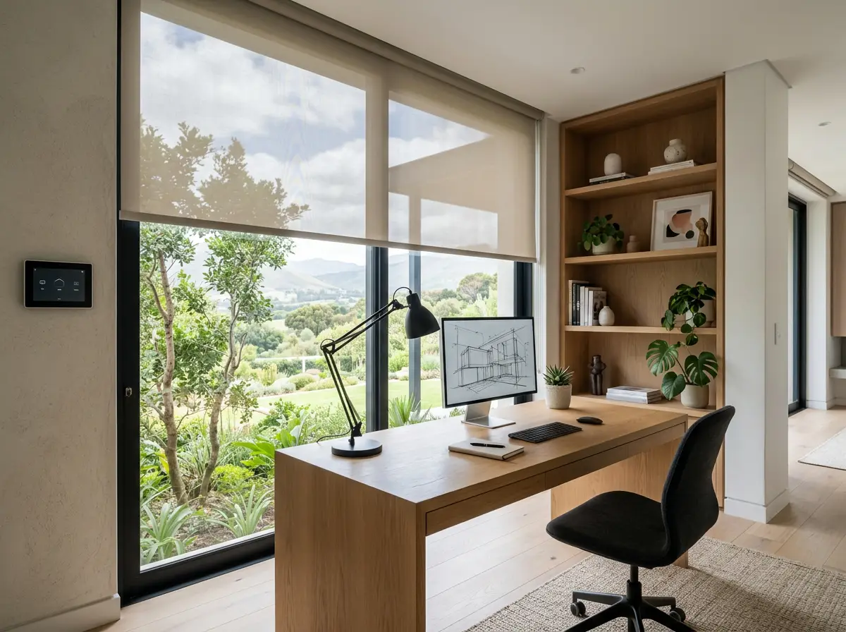 Motorised roller blind stopped level above the desk of a Cornwall Hill home office, its wall keypad beside the reveal