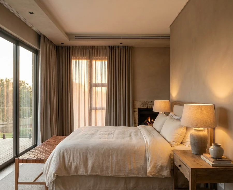 Motorised curtain track recessed into the ceiling of a Cornwall Hill main bedroom, carrying lined curtains and a sheer part-way across the glazed wall while the last of the sun catches the room