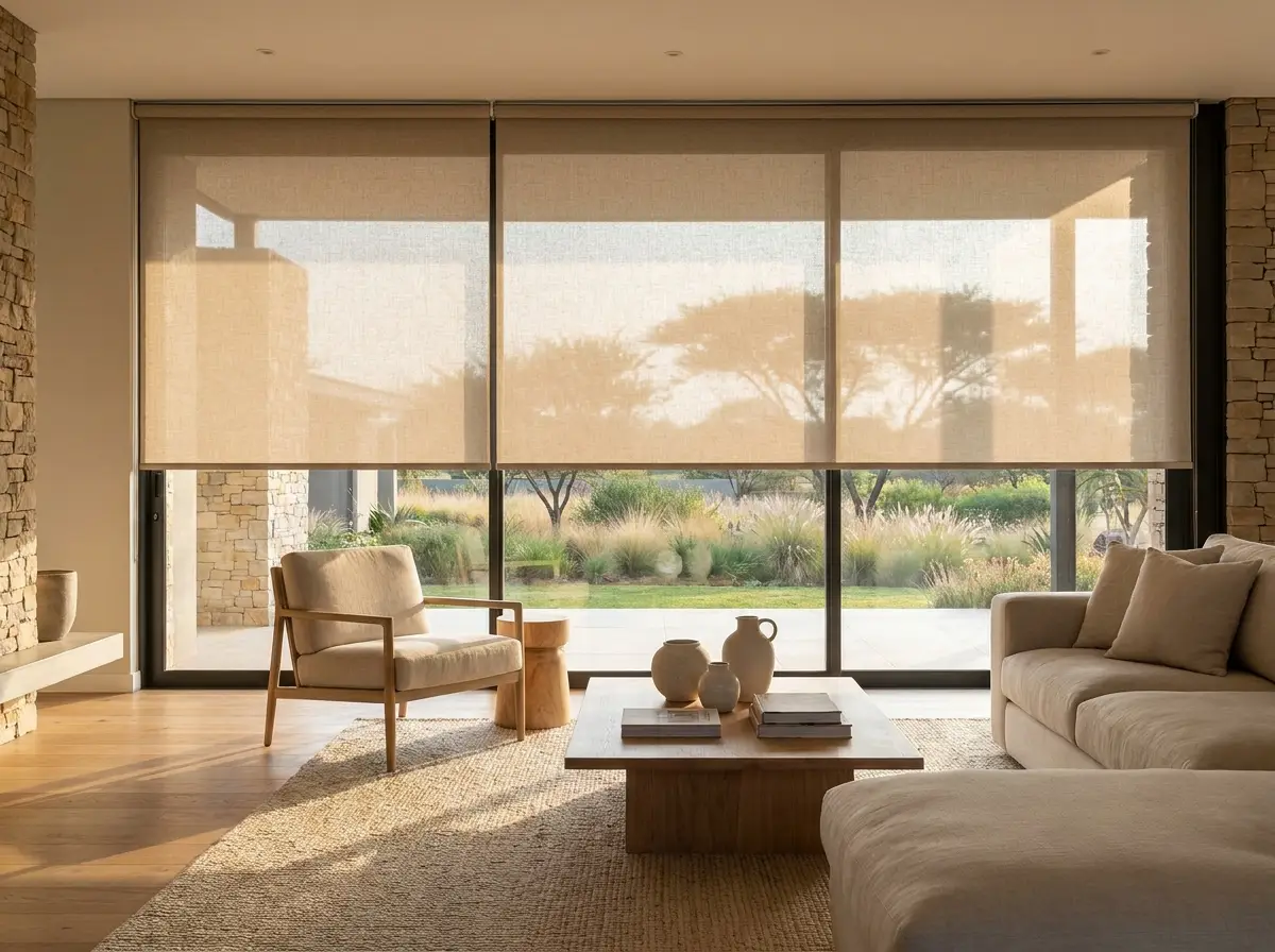 Three sunscreen roller blinds dropped in line across the stone-pillared glazing of a Cornwall Hill living room, the garden still legible through the weave