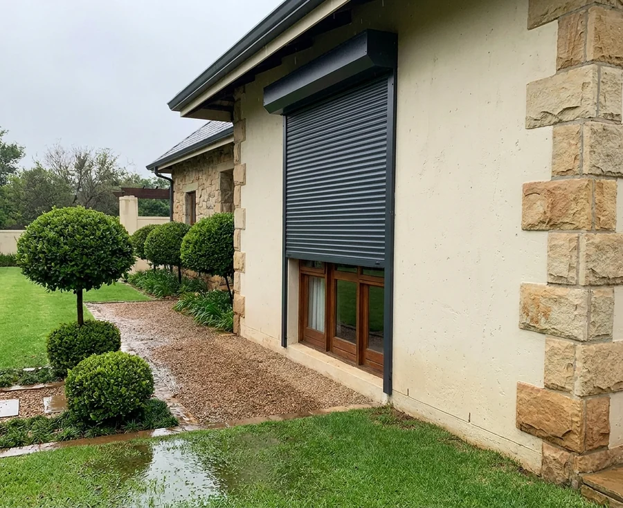 Charcoal aluminium roller shutter half-lowered in its side guides over a timber-framed door on a sandstone-quoined Cornwall Hill facade, the gravel path still wet after Highveld rain — a shading shutter, not a security-rated one