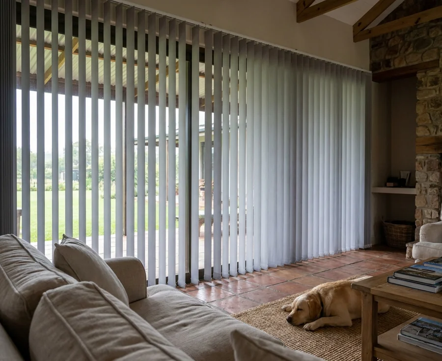 Wide fabric vertical louvres drawn across the full run of stacking doors in a Cornwall Hill family room, terracotta tiles and a sleeping labrador in front of them and the lawn showing between the vanes